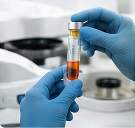 Gloved hands holding a vial of prepared biologic